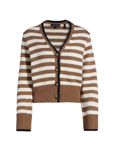 Veronica Beard Women's Monae Striped Cotton Cardigan - Dark Acorn Dove | Thumbnail 1 Veronica Beard Women's Monae Striped Cotton Cardigan - Dark Acorn Dove | Thumbnail 1