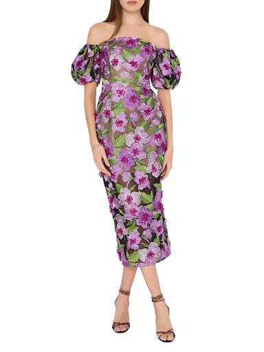 Milly Women's Nira Floral-Embroidered Off-The-Shoulder Midi-Dress - Pink Multi | Thumbnail 3 Milly Women's Nira Floral-Embroidered Off-The-Shoulder Midi-Dress - Pink Multi | Thumbnail 3