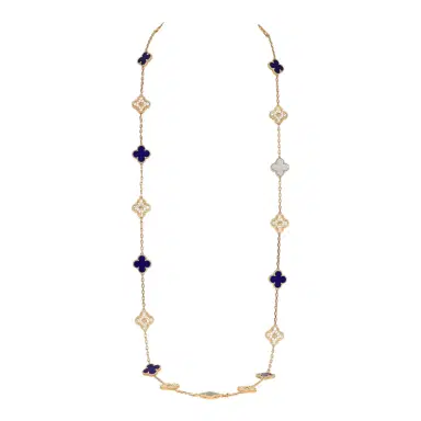 Van Cleef & Arpels Van Cleef & Arpels "Vendome" Vintage Alhambra 20 Motif Long Necklace Blue Sevres Porcelain 18K Yellow Gold Hardware & Diamonds | Thumbnail 2 Van Cleef & Arpels Van Cleef & Arpels "Vendome" Vintage Alhambra 20 Motif Long Necklace Blue Sevres Porcelain 18K Yellow Gold Hardware & Diamonds | Thumbnail 2