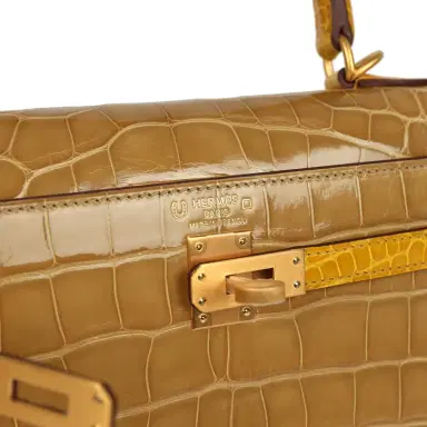 HERMÈS Hermes Special Order (HSS) Kelly Sellier 25 Beige Sable and Jaune Ambre Shiny Alligator Mississpiensis Brushed Gold Hardware | Thumbnail 7 HERMÈS Hermes Special Order (HSS) Kelly Sellier 25 Beige Sable and Jaune Ambre Shiny Alligator Mississpiensis Brushed Gold Hardware | Thumbnail 7