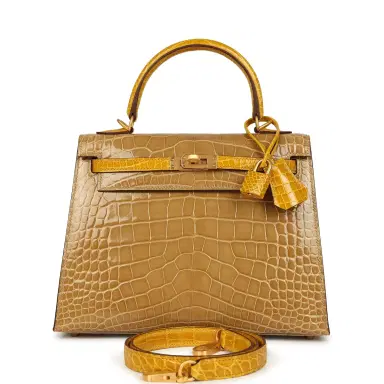 HERMÈS Hermes Special Order (HSS) Kelly Sellier 25 Beige Sable and Jaune Ambre Shiny Alligator Mississpiensis Brushed Gold Hardware | Thumbnail 1 HERMÈS Hermes Special Order (HSS) Kelly Sellier 25 Beige Sable and Jaune Ambre Shiny Alligator Mississpiensis Brushed Gold Hardware | Thumbnail 1