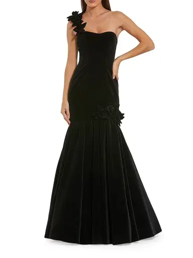 Mac Duggal Women's Velvet One-Shoulder Trumpet Bubble Hem Gown - Black | Thumbnail 1 Mac Duggal Women's Velvet One-Shoulder Trumpet Bubble Hem Gown - Black | Thumbnail 1