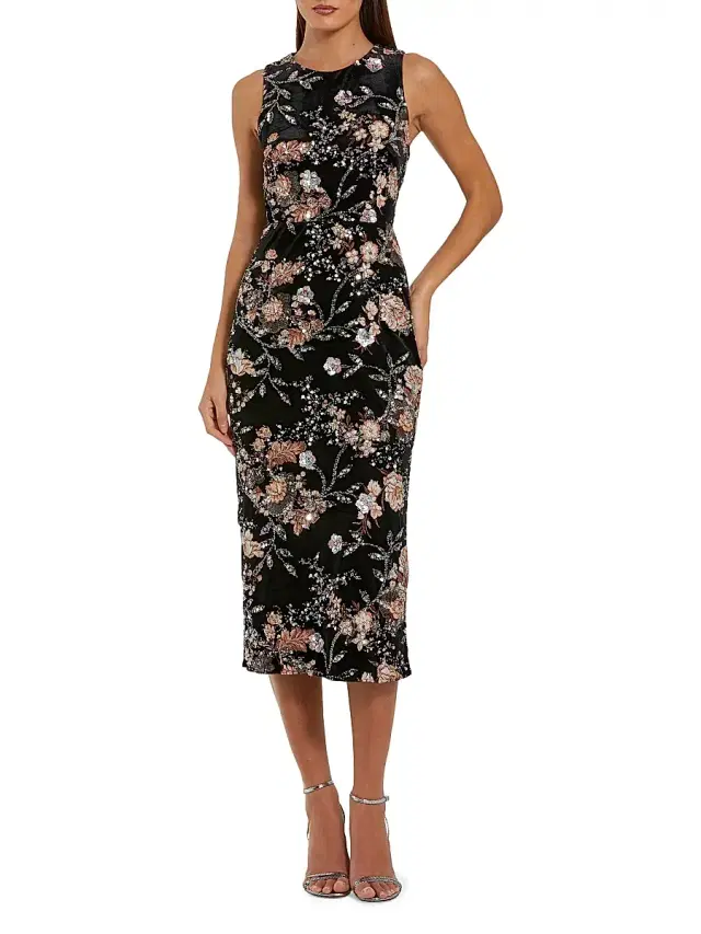 Women's Floral Embellished Velvet Cocktail Dress - Black Multi Women's Floral Embellished Velvet Cocktail Dress - Black Multi