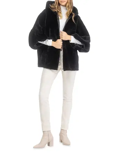 Gorski Women's Shearling Lamb Zip Jacket with Cropped Sleeves - Black | Thumbnail 5 Gorski Women's Shearling Lamb Zip Jacket with Cropped Sleeves - Black | Thumbnail 5