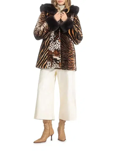 Gorski Women's Shearling Lamb Parka with Merinillo Shearling Lamb Hood Trim and Cuffs, Belt - Africa Print - Size XL | Thumbnail 5 Gorski Women's Shearling Lamb Parka with Merinillo Shearling Lamb Hood Trim and Cuffs, Belt - Africa Print - Size XL | Thumbnail 5