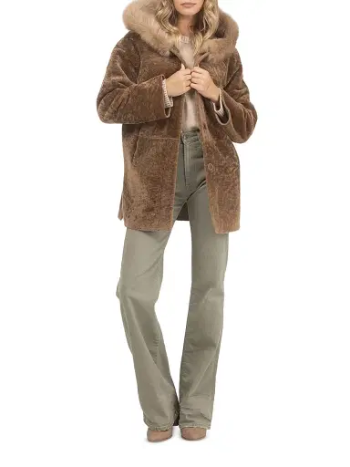 Gorski Women's Reversible Textured Shearling Lamb Parka with Merinillo Shearling Lamb Hood Trim - Camel - Size Large | Thumbnail 5 Gorski Women's Reversible Textured Shearling Lamb Parka with Merinillo Shearling Lamb Hood Trim - Camel - Size Large | Thumbnail 5