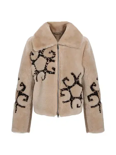 Gorski Women's Reversible Shearling Lamb Jacket with Insignia Intarsia | Thumbnail 1 Gorski Women's Reversible Shearling Lamb Jacket with Insignia Intarsia | Thumbnail 1