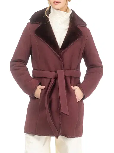 Gorski Women's Merino Shearling Lamb Stroller with Embroidered Trim Belt - Burgundy | Thumbnail 2 Gorski Women's Merino Shearling Lamb Stroller with Embroidered Trim Belt - Burgundy | Thumbnail 2