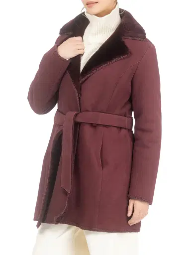 Gorski Women's Merino Shearling Lamb Stroller with Embroidered Trim Belt - Burgundy | Thumbnail 3 Gorski Women's Merino Shearling Lamb Stroller with Embroidered Trim Belt - Burgundy | Thumbnail 3