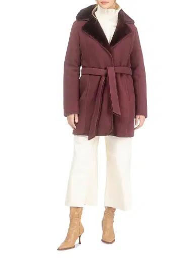 Gorski Women's Merino Shearling Lamb Stroller with Embroidered Trim Belt - Burgundy | Thumbnail 5 Gorski Women's Merino Shearling Lamb Stroller with Embroidered Trim Belt - Burgundy | Thumbnail 5