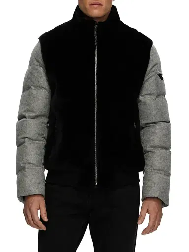 Gorski Men's Merino Shearling Lamb Bomber Jacket with Wool - Black | Thumbnail 2 Gorski Men's Merino Shearling Lamb Bomber Jacket with Wool - Black | Thumbnail 2