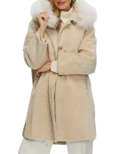 Gorski Women's Reversible New Zealand Shearling Lamb Stroller with Select Mongolian Lamb Hood Trim - Beige - Size Medium | Thumbnail 2 Gorski Women's Reversible New Zealand Shearling Lamb Stroller with Select Mongolian Lamb Hood Trim - Beige - Size Medium | Thumbnail 2