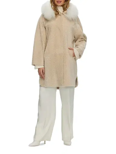 Gorski Women's Reversible New Zealand Shearling Lamb Stroller with Select Mongolian Lamb Hood Trim - Beige - Size Medium | Thumbnail 5 Gorski Women's Reversible New Zealand Shearling Lamb Stroller with Select Mongolian Lamb Hood Trim - Beige - Size Medium | Thumbnail 5