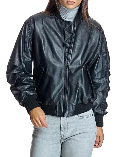 Maximilian Women's Oversized Leather Bomber - Black | Thumbnail 2 Maximilian Women's Oversized Leather Bomber - Black | Thumbnail 2