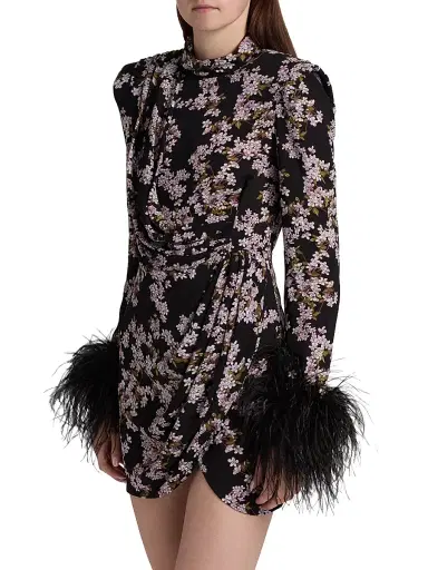Bronx and Banco Women's Nadine Floral Feather-Cuff Minidress - Black Multi | Thumbnail 4 Bronx and Banco Women's Nadine Floral Feather-Cuff Minidress - Black Multi | Thumbnail 4