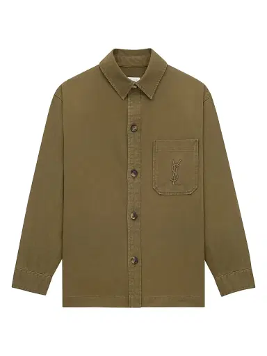 Saint Laurent Men's Cassandre Overshirt in Cotton Linen Gabardine - Vintage Kaki - Size Small | Thumbnail 1 Saint Laurent Men's Cassandre Overshirt in Cotton Linen Gabardine - Vintage Kaki - Size Small | Thumbnail 1