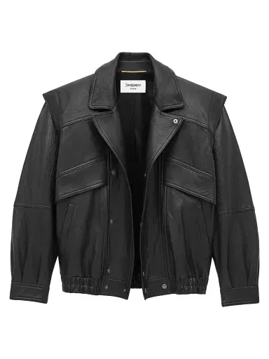 Saint Laurent Women's Bomber Jacket in Bubbled Lambskin Leather - Black | Thumbnail 2 Saint Laurent Women's Bomber Jacket in Bubbled Lambskin Leather - Black | Thumbnail 2