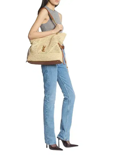 Saint Laurent Women's Jamie Shopping Tote Bag in Raffia - Natural And Brick | Thumbnail 2 Saint Laurent Women's Jamie Shopping Tote Bag in Raffia - Natural And Brick | Thumbnail 2