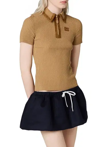 Miu Miu Women's Ribbed Knit Cashmere Polo Sweater - Beige Khaki | Thumbnail 2 Miu Miu Women's Ribbed Knit Cashmere Polo Sweater - Beige Khaki | Thumbnail 2