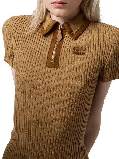 Miu Miu Women's Ribbed Knit Cashmere Polo Sweater - Beige Khaki | Thumbnail 4 Miu Miu Women's Ribbed Knit Cashmere Polo Sweater - Beige Khaki | Thumbnail 4