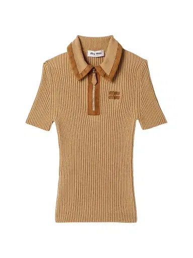 Miu Miu Women's Ribbed Knit Cashmere Polo Sweater - Beige Khaki | Thumbnail 1 Miu Miu Women's Ribbed Knit Cashmere Polo Sweater - Beige Khaki | Thumbnail 1