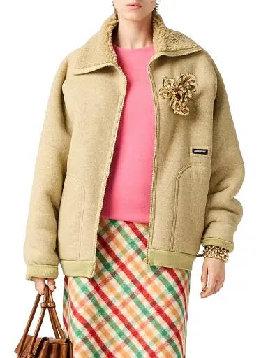 Miu Miu Women's Cotton Fleece Zipper Blouson Jacket - Beige Khaki | Thumbnail 2 Miu Miu Women's Cotton Fleece Zipper Blouson Jacket - Beige Khaki | Thumbnail 2