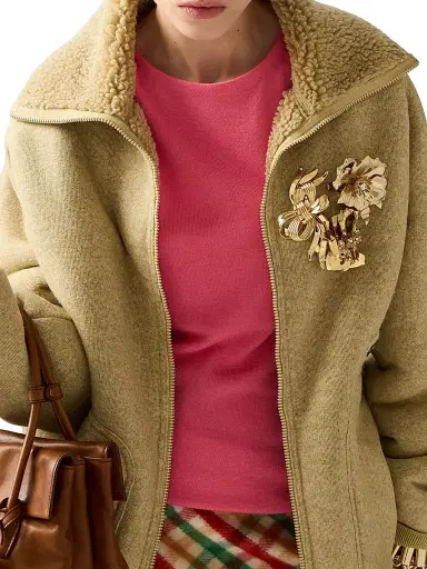 Miu Miu Women's Cotton Fleece Zipper Blouson Jacket - Beige Khaki | Thumbnail 4 Miu Miu Women's Cotton Fleece Zipper Blouson Jacket - Beige Khaki | Thumbnail 4