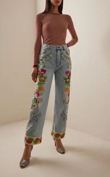 Valentino Garavani Embroidered Rigid High-Rise Straight-Leg Jeans - Light Wash | Thumbnail 2 Valentino Garavani Embroidered Rigid High-Rise Straight-Leg Jeans - Light Wash | Thumbnail 2