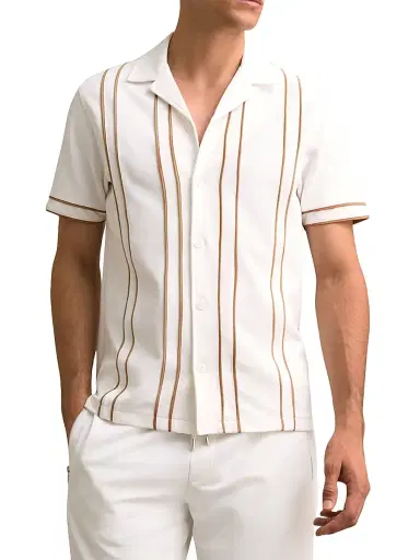 Reiss Men's Sander Cuban Striped Shirt - White Camel | Thumbnail 3 Reiss Men's Sander Cuban Striped Shirt - White Camel | Thumbnail 3