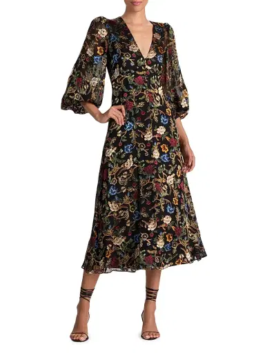 ALICE + OLIVIA Women's Mona Floral Tapestry Blouson Midi-Dress - Tapestry Trails Black | Thumbnail 2 ALICE + OLIVIA Women's Mona Floral Tapestry Blouson Midi-Dress - Tapestry Trails Black | Thumbnail 2