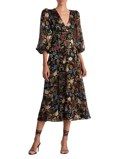 ALICE + OLIVIA Women's Mona Floral Tapestry Blouson Midi-Dress - Tapestry Trails Black | Thumbnail 3 ALICE + OLIVIA Women's Mona Floral Tapestry Blouson Midi-Dress - Tapestry Trails Black | Thumbnail 3