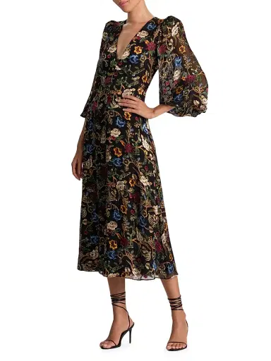 ALICE + OLIVIA Women's Mona Floral Tapestry Blouson Midi-Dress - Tapestry Trails Black | Thumbnail 4 ALICE + OLIVIA Women's Mona Floral Tapestry Blouson Midi-Dress - Tapestry Trails Black | Thumbnail 4