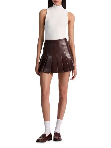 ALICE + OLIVIA Women's Carter Faux Leather Pleated Miniskirt - Dark Chocolate | Thumbnail 2 ALICE + OLIVIA Women's Carter Faux Leather Pleated Miniskirt - Dark Chocolate | Thumbnail 2