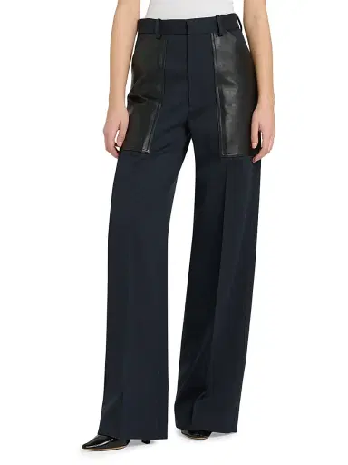 Bottega Veneta Women's Mixed-Media Cotton & Wool Wide-Leg Trousers - Midnight Blue - Size 2 | Thumbnail 3 Bottega Veneta Women's Mixed-Media Cotton & Wool Wide-Leg Trousers - Midnight Blue - Size 2 | Thumbnail 3