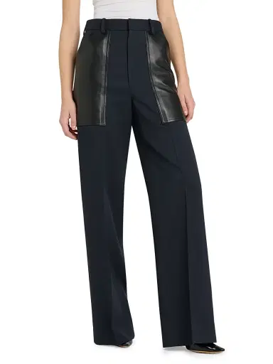 Bottega Veneta Women's Mixed-Media Cotton & Wool Wide-Leg Trousers - Midnight Blue - Size 2 | Thumbnail 4 Bottega Veneta Women's Mixed-Media Cotton & Wool Wide-Leg Trousers - Midnight Blue - Size 2 | Thumbnail 4