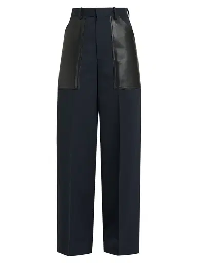 Bottega Veneta Women's Mixed-Media Cotton & Wool Wide-Leg Trousers - Midnight Blue - Size 2 | Thumbnail 1 Bottega Veneta Women's Mixed-Media Cotton & Wool Wide-Leg Trousers - Midnight Blue - Size 2 | Thumbnail 1