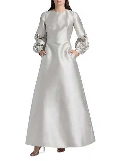 Reem Acra Women's Satin Floral Cut-Out Bishop Sleeves Gown - Silver | Thumbnail 2 Reem Acra Women's Satin Floral Cut-Out Bishop Sleeves Gown - Silver | Thumbnail 2