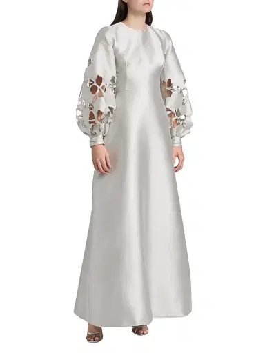 Reem Acra Women's Satin Floral Cut-Out Bishop Sleeves Gown - Silver | Thumbnail 4 Reem Acra Women's Satin Floral Cut-Out Bishop Sleeves Gown - Silver | Thumbnail 4