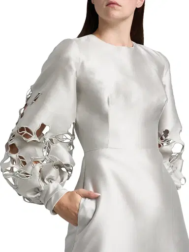 Reem Acra Women's Satin Floral Cut-Out Bishop Sleeves Gown - Silver | Thumbnail 6 Reem Acra Women's Satin Floral Cut-Out Bishop Sleeves Gown - Silver | Thumbnail 6