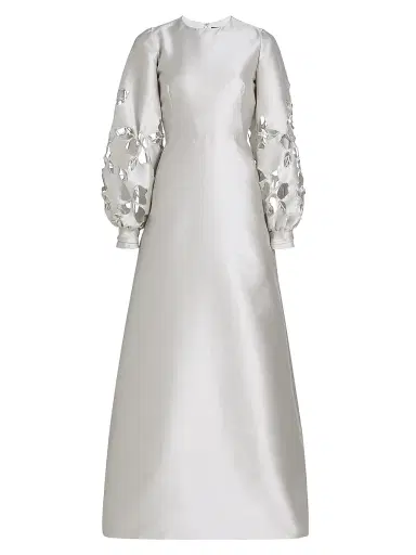 Reem Acra Women's Satin Floral Cut-Out Bishop Sleeves Gown - Silver | Thumbnail 1 Reem Acra Women's Satin Floral Cut-Out Bishop Sleeves Gown - Silver | Thumbnail 1