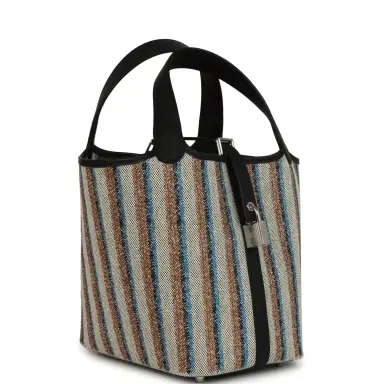 HERMÈS Hermes Stripe Picotin Lock 18 Black Swift and Ecru, Bleu, Black and Fauve Toile H Canvas Palladium Hardware | Thumbnail 2 HERMÈS Hermes Stripe Picotin Lock 18 Black Swift and Ecru, Bleu, Black and Fauve Toile H Canvas Palladium Hardware | Thumbnail 2