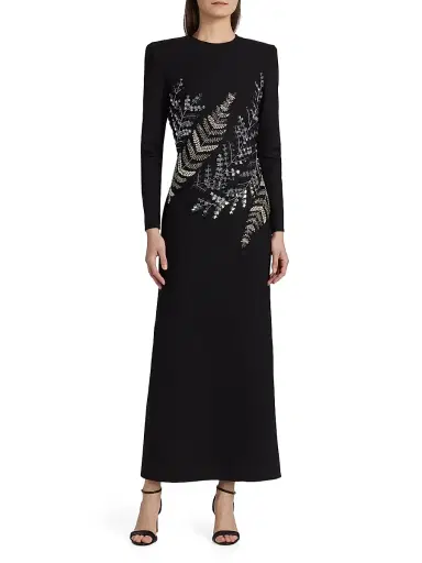 Oscar de la Renta Women's Fern Embroidered Long-Sleeve Stretch-Wool Gown | Thumbnail 3 Oscar de la Renta Women's Fern Embroidered Long-Sleeve Stretch-Wool Gown | Thumbnail 3