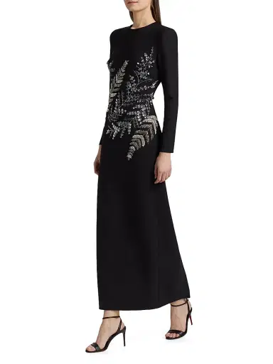 Oscar de la Renta Women's Fern Embroidered Long-Sleeve Stretch-Wool Gown | Thumbnail 4 Oscar de la Renta Women's Fern Embroidered Long-Sleeve Stretch-Wool Gown | Thumbnail 4