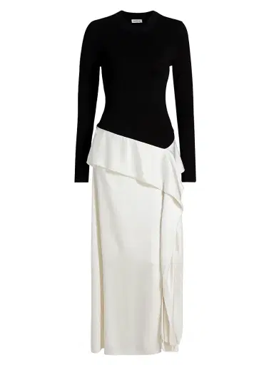 SIMKHAI Women's Ornella Ruffle-Trim Colorblocked Midi-Dress - Black Multi | Thumbnail 1 SIMKHAI Women's Ornella Ruffle-Trim Colorblocked Midi-Dress - Black Multi | Thumbnail 1