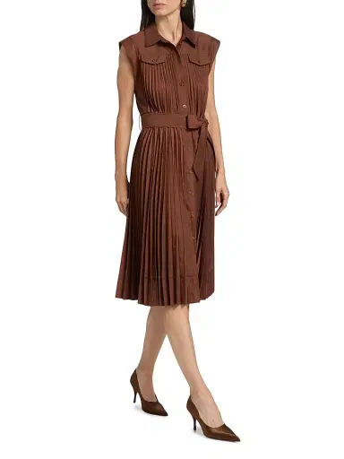 Milly Women's Johanna Pleated Twill Midi-Dress - Brown | Thumbnail 2 Milly Women's Johanna Pleated Twill Midi-Dress - Brown | Thumbnail 2
