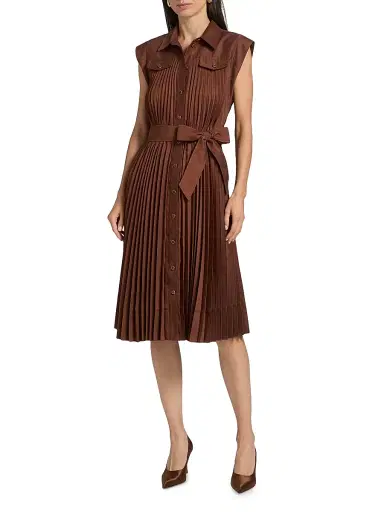 Milly Women's Johanna Pleated Twill Midi-Dress - Brown | Thumbnail 3 Milly Women's Johanna Pleated Twill Midi-Dress - Brown | Thumbnail 3