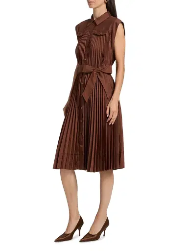 Milly Women's Johanna Pleated Twill Midi-Dress - Brown | Thumbnail 4 Milly Women's Johanna Pleated Twill Midi-Dress - Brown | Thumbnail 4