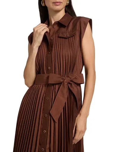 Milly Women's Johanna Pleated Twill Midi-Dress - Brown | Thumbnail 6 Milly Women's Johanna Pleated Twill Midi-Dress - Brown | Thumbnail 6