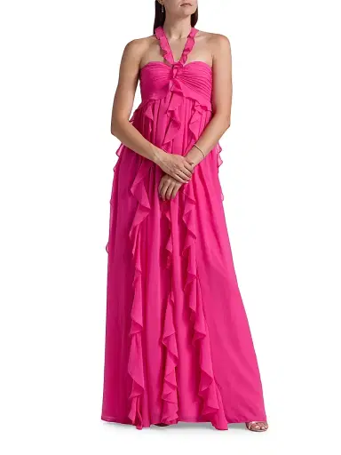 BCBGMAXAZRIA Women's Ruffled Chiffon Halterneck Gown - Fuchsia Purple | Thumbnail 2 BCBGMAXAZRIA Women's Ruffled Chiffon Halterneck Gown - Fuchsia Purple | Thumbnail 2