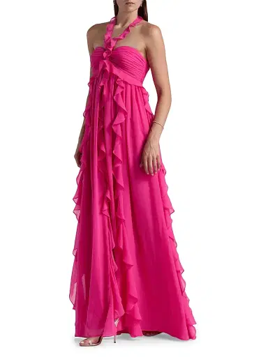 BCBGMAXAZRIA Women's Ruffled Chiffon Halterneck Gown - Fuchsia Purple | Thumbnail 4 BCBGMAXAZRIA Women's Ruffled Chiffon Halterneck Gown - Fuchsia Purple | Thumbnail 4
